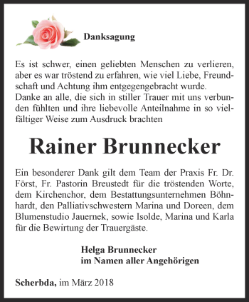 Traueranzeige von Rainer Brunnecker von Thüringer Allgemeine, Thüringische Landeszeitung