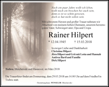 Traueranzeige von Rainer Hilpert von Thüringer Allgemeine