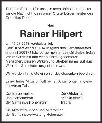 Traueranzeige von Rainer Hilpert von Thüringer Allgemeine