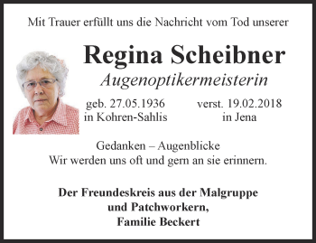Traueranzeige von Regina Scheibner von Ostthüringer Zeitung, Thüringische Landeszeitung