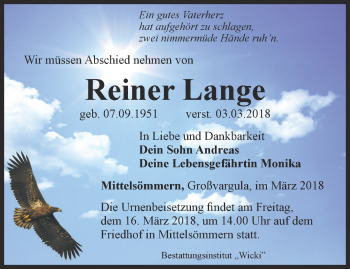 Traueranzeige von Reiner Lange von Thüringer Allgemeine, Thüringische Landeszeitung