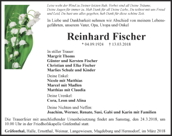 Traueranzeige von Reinhard Fischer von Ostthüringer Zeitung