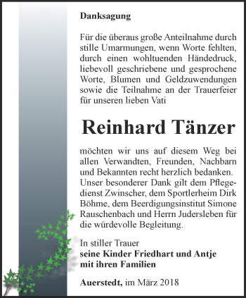 Traueranzeige von Reinhard Tänzer von Thüringer Allgemeine, Thüringische Landeszeitung