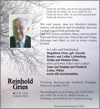 Traueranzeige von Reinhold Gries von Thüringer Allgemeine