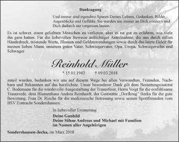 Traueranzeige von Reinhold Müller von Thüringer Allgemeine