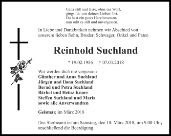 Traueranzeige von Reinhold Suchland von Thüringer Allgemeine