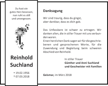 Traueranzeige von Reinhold Suchland von Thüringer Allgemeine