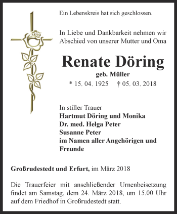 Traueranzeige von Renate Döring von Thüringer Allgemeine, Thüringische Landeszeitung