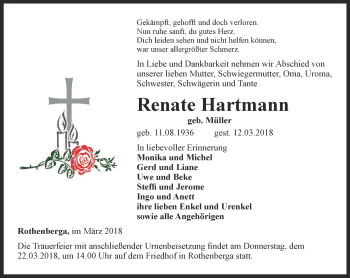 Traueranzeige von Renate Hartmann von Thüringer Allgemeine