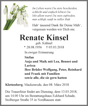 Traueranzeige von Renate Kinsel von Thüringer Allgemeine