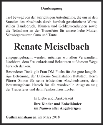 Traueranzeige von Renate Meiselbach von Thüringer Allgemeine