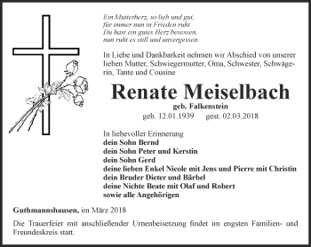 Traueranzeige von Renate Meiselbach von Thüringer Allgemeine