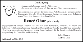 Traueranzeige von Renee Ohar von Thüringer Allgemeine, Thüringische Landeszeitung