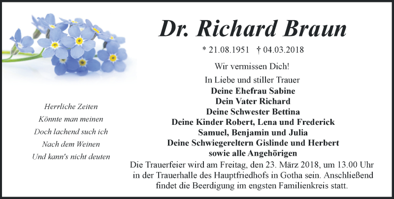  Traueranzeige für Richard Braun vom 17.03.2018 aus Thüringer Allgemeine, Thüringische Landeszeitung