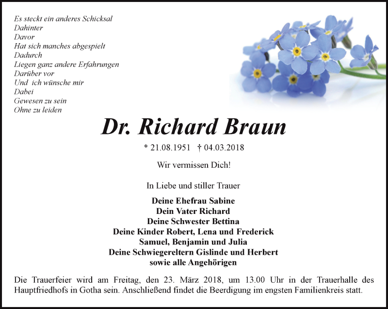  Traueranzeige für Richard Braun vom 17.03.2018 aus Ostthüringer Zeitung, Thüringische Landeszeitung