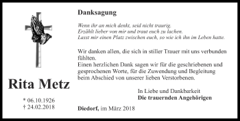 Traueranzeige von Rita Metz von Thüringer Allgemeine, Thüringische Landeszeitung