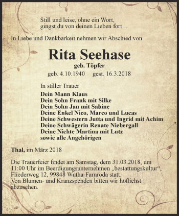 Traueranzeige von Rita Seehase von Thüringer Allgemeine, Thüringische Landeszeitung