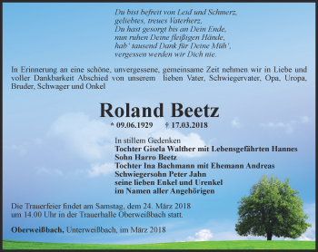 Traueranzeige von Roland Beetz von Ostthüringer Zeitung