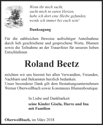 Traueranzeige von Roland Beetz von Ostthüringer Zeitung