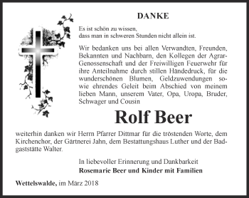 Traueranzeige von Rolf Beer von Ostthüringer Zeitung