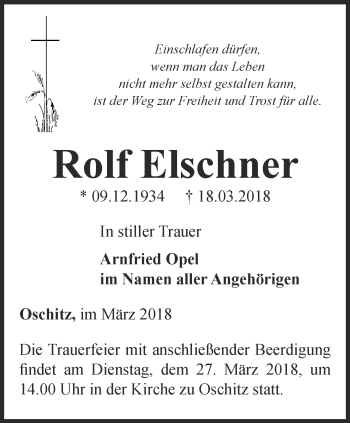 Traueranzeige von Rolf Elschner von Ostthüringer Zeitung