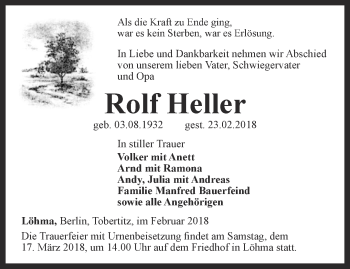 Traueranzeige von Rolf Heller von Ostthüringer Zeitung