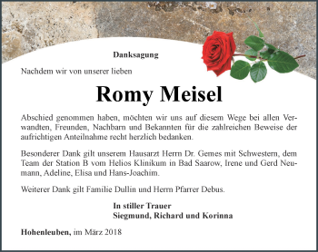 Traueranzeige von Romy Meisel von Ostthüringer Zeitung