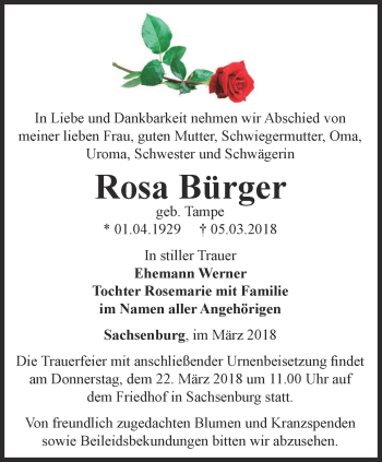 Traueranzeige von Rosa Bürger von Thüringer Allgemeine
