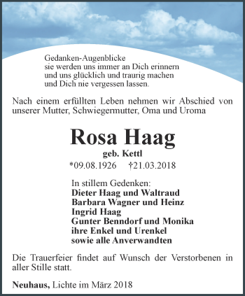 Traueranzeige von Rosa Haag von Ostthüringer Zeitung