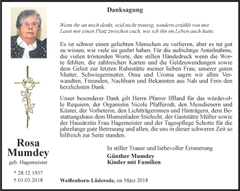 Traueranzeige von Rosa Mumdey von Thüringer Allgemeine