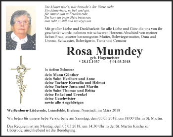 Traueranzeige von Rosa Mumdey von Thüringer Allgemeine