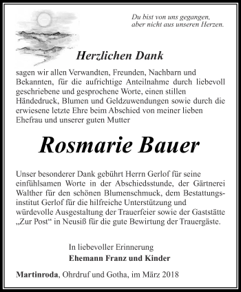 Traueranzeige von Rosmarie Bauer von Thüringer Allgemeine