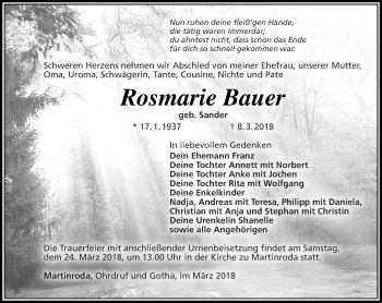 Traueranzeige von Rosmarie Bauer von Thüringer Allgemeine