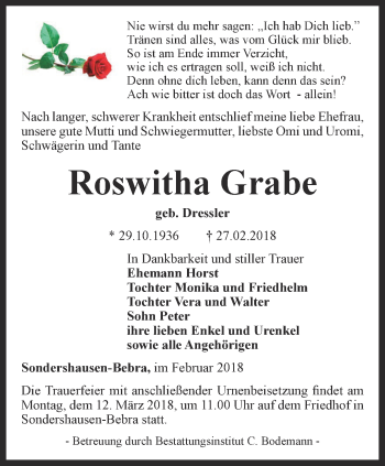 Traueranzeige von Roswitha Grabe von Thüringer Allgemeine