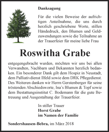 Traueranzeige von Roswitha Grabe von Thüringer Allgemeine