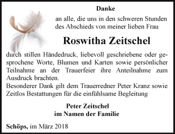 Traueranzeige von Roswitha Zeitschel von Ostthüringer Zeitung, Thüringische Landeszeitung