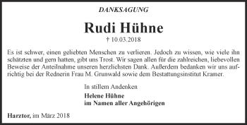 Traueranzeige von Rudi Hühne von Thüringer Allgemeine