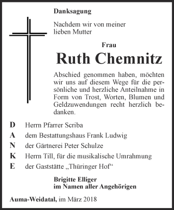 Traueranzeige von Ruth Chemnitz von Ostthüringer Zeitung