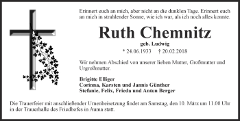 Traueranzeige von Ruth Chemnitz von Ostthüringer Zeitung