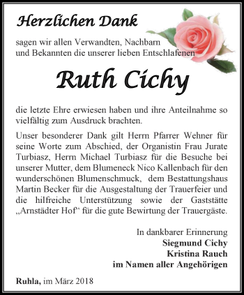 Traueranzeige von Ruth Cichy von Thüringer Allgemeine, Thüringische Landeszeitung