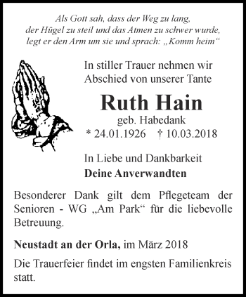 Traueranzeige von Ruth Hain