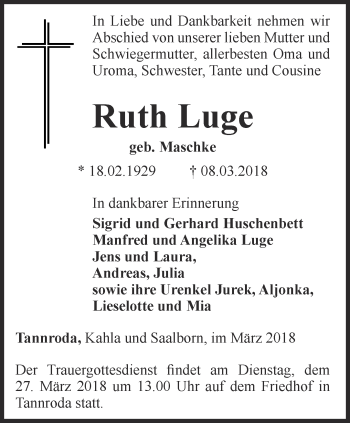 Traueranzeige von Ruth Luge von Thüringer Allgemeine, Thüringische Landeszeitung