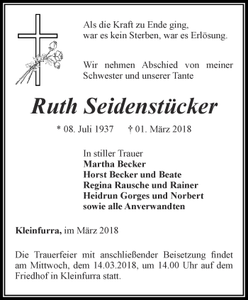 Traueranzeige von Ruth Seidenstücker von Thüringer Allgemeine