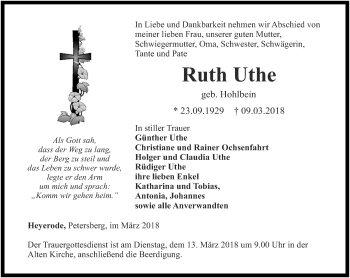 Traueranzeige von Ruth Uthe von Thüringer Allgemeine, Thüringische Landeszeitung