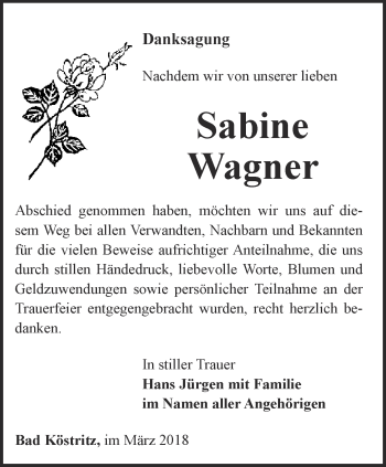 Traueranzeige von Sabine Wagner von Ostthüringer Zeitung