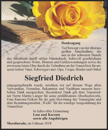 Traueranzeige von Siegfried Diedrich von Thüringer Allgemeine, Thüringische Landeszeitung