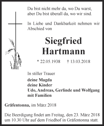 Traueranzeige von Siegfried Hartmann von Thüringer Allgemeine, Thüringische Landeszeitung