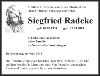 Traueranzeige von Siegfried Radeke von Thüringer Allgemeine, Thüringische Landeszeitung