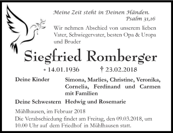 Traueranzeige von Siegfried Romberger von Thüringer Allgemeine, Thüringische Landeszeitung