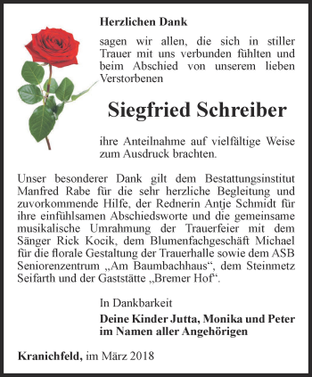 Traueranzeige von Siegfried Schreiber von Thüringer Allgemeine, Thüringische Landeszeitung